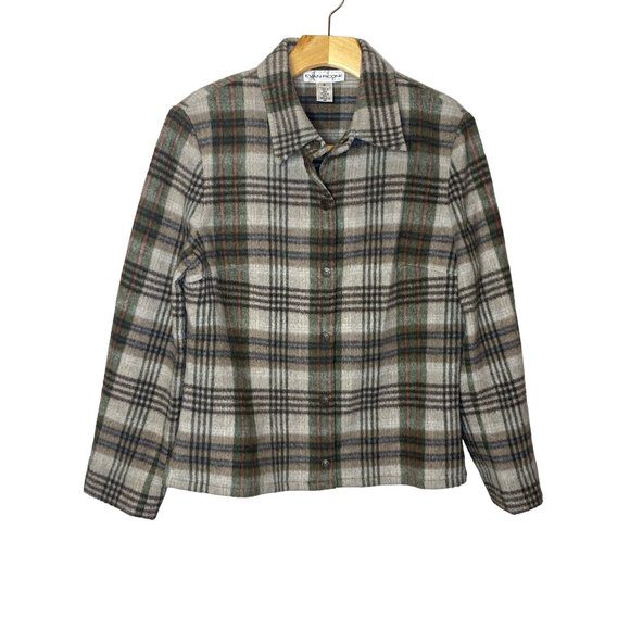 Evan Picone Tops - Evan Picone Vintage Wool Blend Field Shirt Petite* Medium 8 Plaid Green Tan